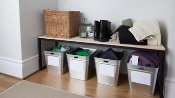 Organized storage solution in modern entryway with baskets and bins for efficient home management photo