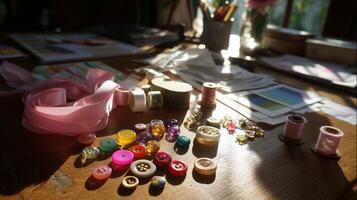 Crafting with colorful buttons and ribbons on a sunny table in a cozy workspace filled with creative supplies photo