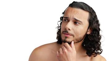 Man with curly hair thoughtfully examines his skin while revealing facial lines and texture in a neutral setting photo