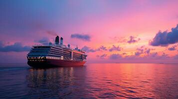 Sunset over ocean with cruise ship sailing in tranquil waters near horizon photo