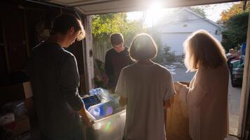 Group of friends sorting through boxes during sunny afternoon in a garage for an upcoming community event photo