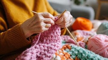 Knitting colorful yarn in cozy indoor setting during afternoon relaxation activity photo