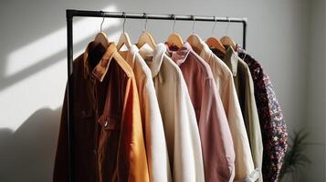 Fashion display of shirts on hangers with soft lighting in a modern indoor setting during daylight hours photo