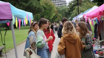 Friends enjoying a vibrant outdoor market with colorful stalls on a sunny day in the park photo