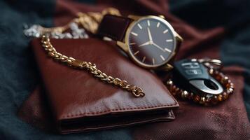 Elegant display of luxury accessories including a watch, bracelet, wallet, and key fob on a dark fabric background photo