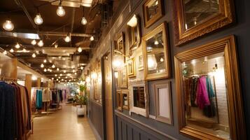 Decorative mirrors line a well-lit boutique corridor filled with clothing and string lights during evening hours photo