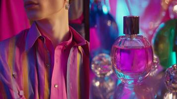 Vibrant fashion and perfume display featuring vivid colors and striking lighting in a creative setup photo