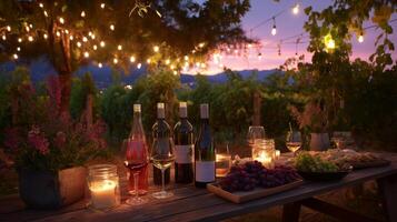 Evening gathering with wine and food in a vineyard under string lights during sunset photo