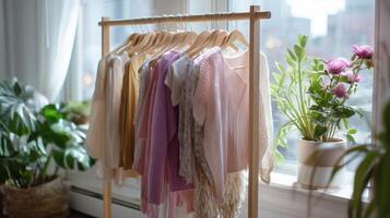 Colorful clothing display in a bright room with plants and city view during daytime photo