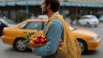 Man carrying a mesh bag of fresh fruits while walking along a city street with yellow taxis in the background photo