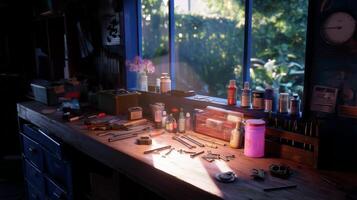 Workshop interior showcasing tools and materials illuminated by sunlight during late afternoon in a serene garden setting photo