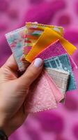 Colorful fabric swatches held in hand against a vibrant pink background showcasing various textures and patterns in a creative setting photo