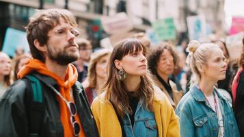 Crowd gathered in a city for a social justice rally showcasing diverse individuals participating in activism photo