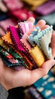 Collection of colorful fabric swatches held in hand showcasing vibrant textile patterns and textures in a creative workspace photo