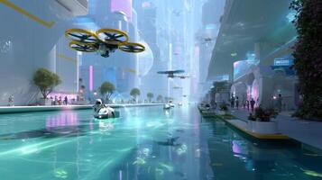 Futuristic cityscape with waterways and drones showcasing advanced technology at dusk photo