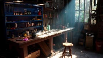 Workshop filled with tools and sunlight illuminating a workbench in a cozy space photo
