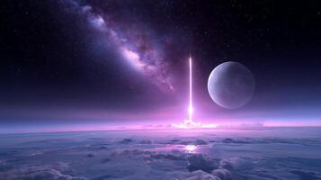Vibrant cosmic scene with a luminous beam rising from a planet under the backdrop of a colorful galaxy photo