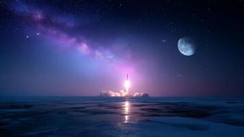 Rocket launch at dusk over a serene ocean with a vibrant Milky Way in the sky photo