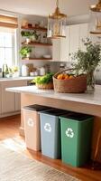 Sustainable kitchen with recycling bins and fresh produce in a bright, modern home setting photo