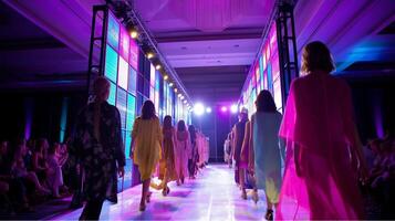 Fashion showcase featuring diverse models wearing vibrant outfits on a runway at an indoor venue photo