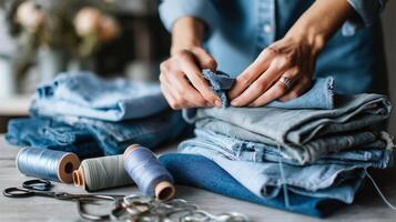 Folding and organizing various shades of denim fabric in a cozy work environment during the afternoon photo