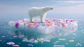 Polar bear stands on ice floe surrounded by colorful plastic debris in a serene Arctic ocean at dusk photo