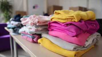 Clothes neatly folded on a table inside a room with a cozy atmosphere during daylight hours photo