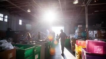 Workers sorting through materials in a bright recycling facility as sunlight streams in and illuminates the area photo