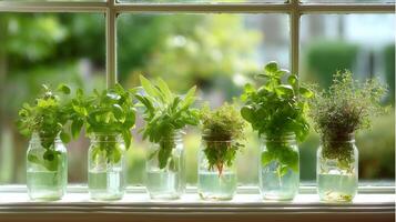 Fresh herbs growing in jars by a sunny window during a bright afternoon photo