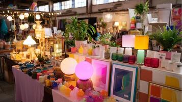 Bright and colorful display of handmade crafts and decor in a bustling marketplace during daylight hours photo