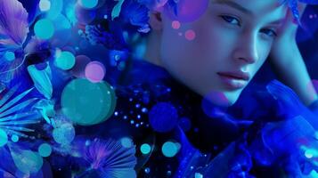 Model showcasing vibrant blue colors with floral elements in an artistic studio setting photo