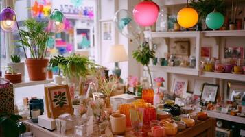 Colorful home decor shop displaying various plants, candles, and unique decorative items during daylight photo