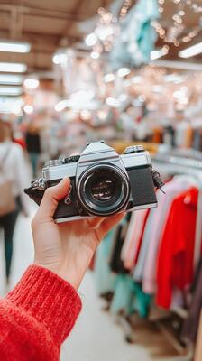 Hand-held vintage camera in a vibrant clothing store during a busy shopping day
