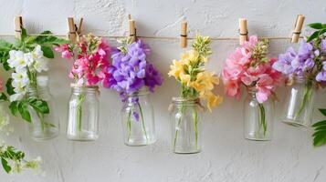 Colorful spring flowers hang in glass jars on a string against a textured wall adding charm and vibrancy to the space photo