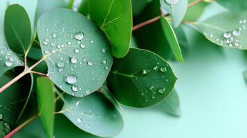 Eucalyptus leaves glisten with water droplets in calm natural setting during early morning photo