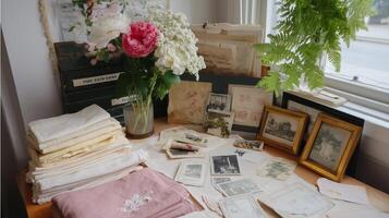 Collection of vintage photographs and linens displayed on a wooden table with flowers in a cozy room photo