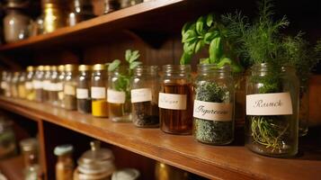 Collection of various herbs and spices in labeled jars arranged neatly on wooden shelves in a cozy kitchen environment photo