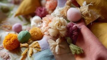 Colorful textile art featuring intricate embroidery and decorative elements displayed on a fabric surface photo