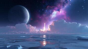 Rocket launch illuminated by vibrant galaxies above a serene alien ocean in a stunning cosmic world photo