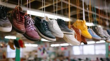 Unique display of colorful shoes hanging from the ceiling in an indoor market during daylight hours photo