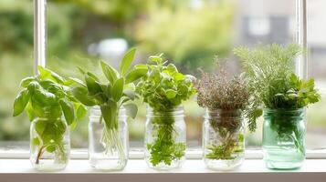 Fresh herbs in jars on a sunny windowsill create a vibrant indoor garden in the kitchen photo