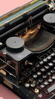 Vintage typewriter with golden accents displayed on a pink background reflecting classic design and craftsmanship photo