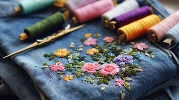 Colorful embroidery on denim fabric with spools of thread arranged beautifully for crafting photo