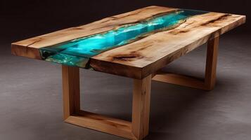 Beautiful handcrafted wooden table featuring blue resin inlay, showcasing unique natural patterns and textures photo