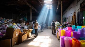 Sunlight streams into a warehouse as people sort colorful materials during an afternoon event photo