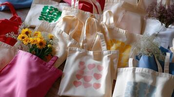 Colorful reusable bags with floral arrangements displayed on a wooden surface in a cozy indoor space during daylight photo