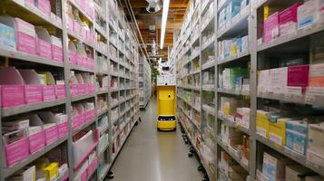 Automated delivery robot navigating through a healthcare supply center in the afternoon photo