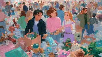Group of friends exploring a vibrant flea market filled with colorful items and lively interactions during a sunny afternoon photo