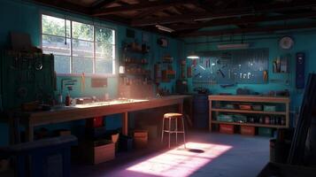 Cozy workshop with a wooden workbench and tools illuminated by sunlight in the late afternoon photo