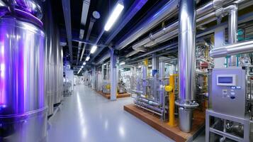 Modern industrial facility showcasing advanced piping and machinery in a well-lit environment during the early evening photo